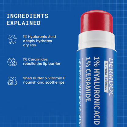 DermDoc 1% Hyaluronic Acid + 1% Ceramide Berry Tinted Lip Balm SPF 50 PA+++ 4 gm - image 3