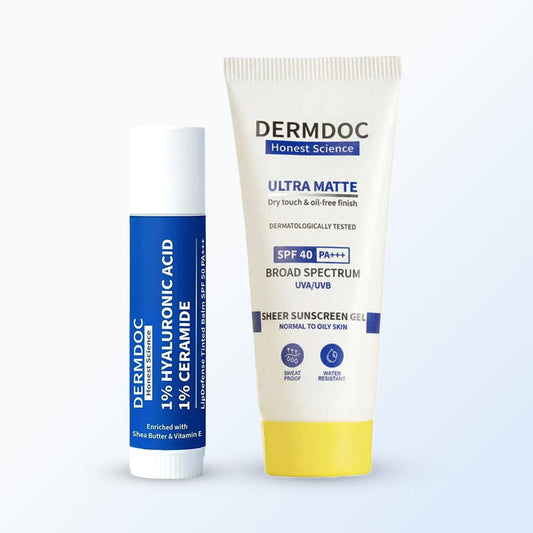 DermDoc All day Sun Protect Duo (SPF 40 Ultra Matte Sheer Sunscreen Gel-45 gm + Tinted Lip Balm SPF 50) Combo of 2 - DermDoc