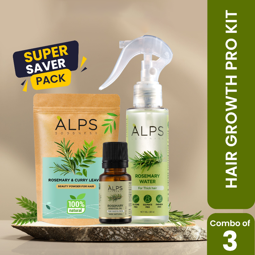 Alps Goodness Rosemary Hair Growth Pro Kit (Pack of 3) – Rosemary & Curry Leaf Powder (50 gm), Rosemary Water (100 ml) & Rosemary Essential Oil (10 ml)