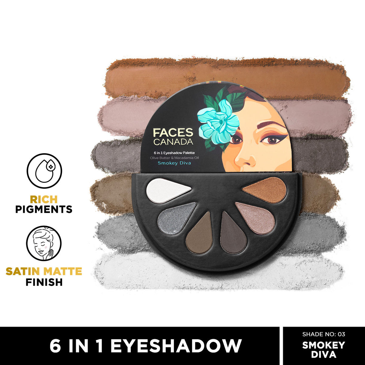 Faces Canada 6 in 1 Eyeshadow Palette – Smokey Diva 03, 6 gm - Faces Canada