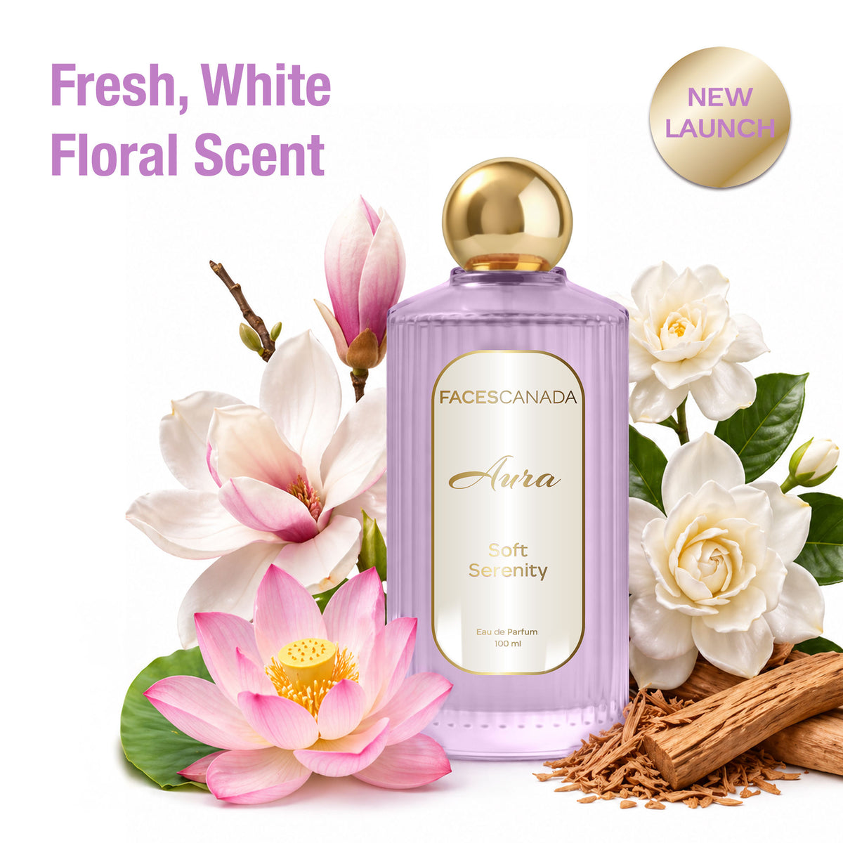 Faces Canada Aura Soft Serenity Eau De Parfum For Women, 100 ml – Fresh Floral Long Lasting Perfume Upto 8 Hrs - Faces Canada