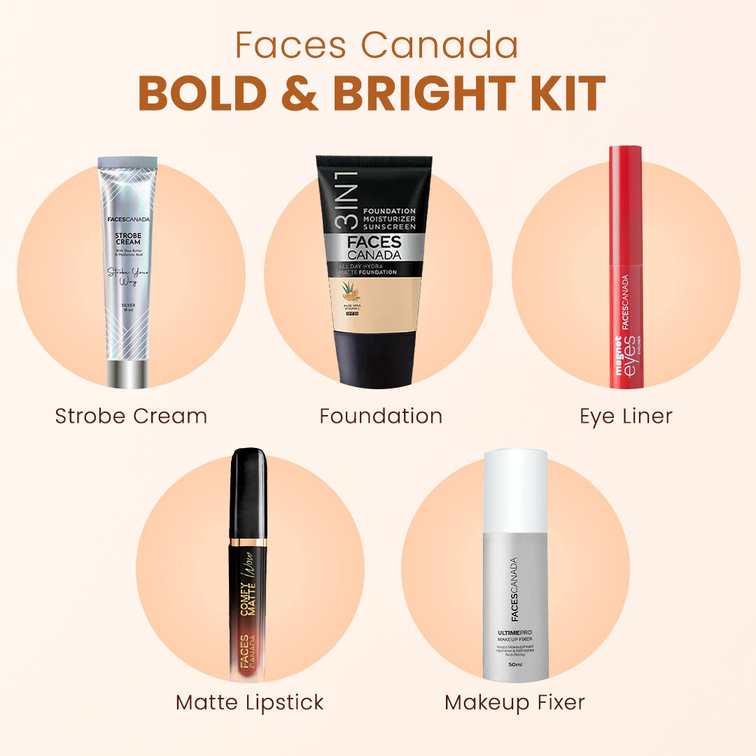 Faces Canada Bold & Bright Kit (Ultime Pro Makeup Fixer 50 ml + Strobe Cream Mini – Silver (18 gm) + All Day Hydra Matte Foundation - image 2