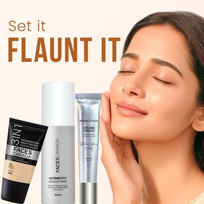 Faces Canada Bold & Bright Kit (Ultime Pro Makeup Fixer 50 ml + Strobe Cream Mini – Silver (18 gm) + All Day Hydra Matte Foundation - image 3