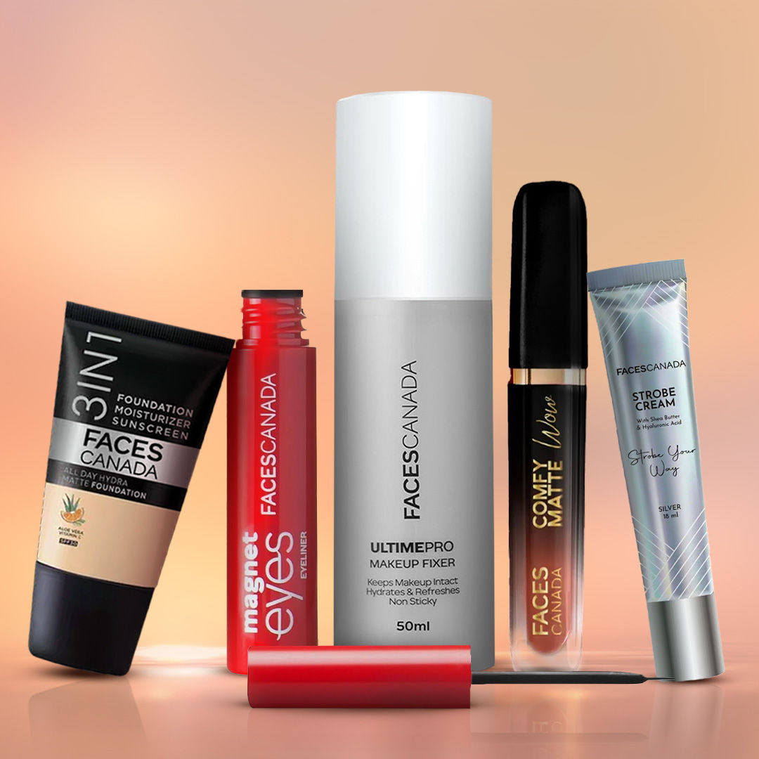 Faces Canada Bold & Bright Kit (Ultime Pro Makeup Fixer 50 ml + Strobe Cream Mini – Silver (18 gm) + All Day Hydra Matte Foundation - Faces Canada