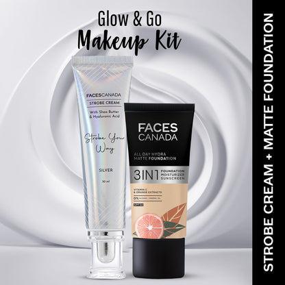 Faces Canada Celeb Glow Kit – Silver Strobe Cream (30 ml) + All Day Hydra Matte Foundation Absolute Ivory (25 ml) - Faces Canada