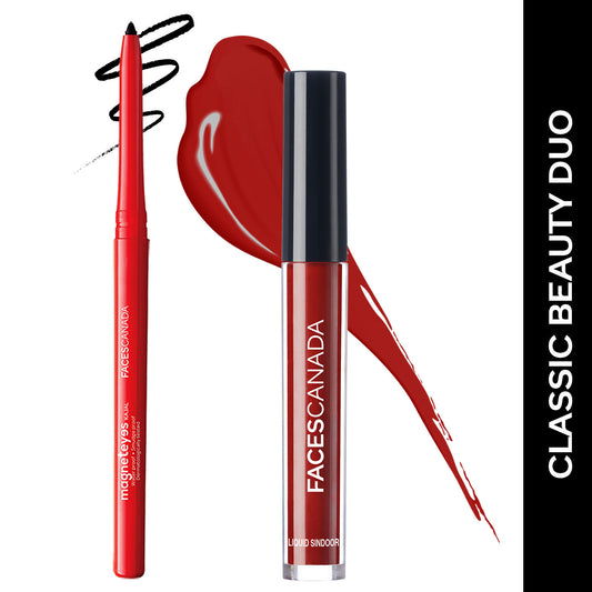 Faces Canada Classic Beauty Duo – Maroon Liquid Sindoor (2.5 ml) + Black Magneteyes Kajal (0.35 gm) - Faces Canada