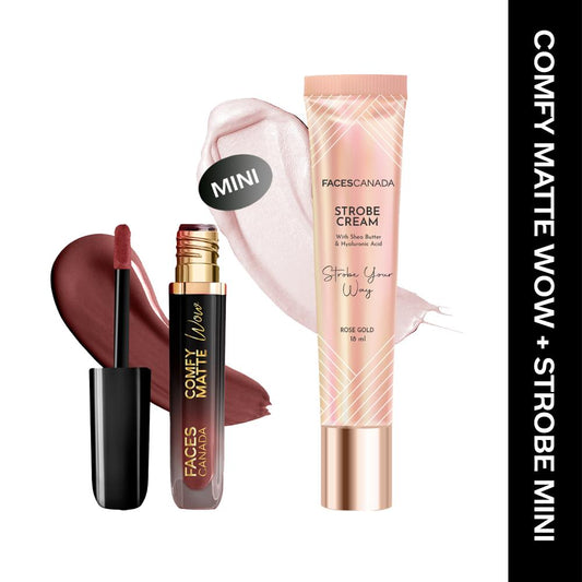 Faces Canada Comfy Matte Wow Liquid Lipstick – Cocoa Crush 07 (3.8 ml) & Rose Gold Strobe Cream (18 ml) Combo - Faces Canada