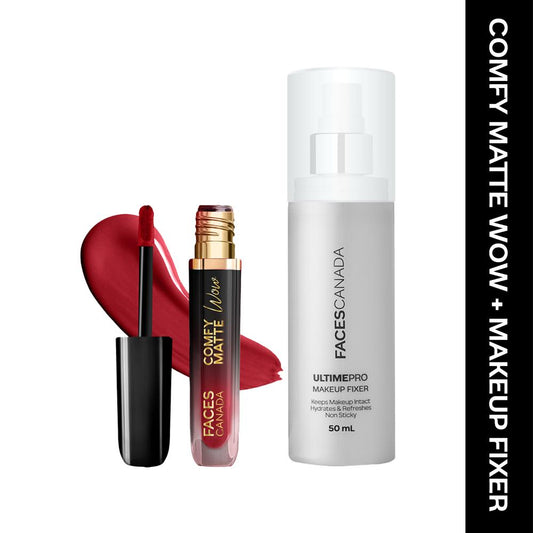 Faces Canada Comfy Matte Wow Liquid Lipstick – Maroon Maven 05 (3.8 ml) & Ultime Pro Makeup Fixer (50 ml) Combo - Faces Canada