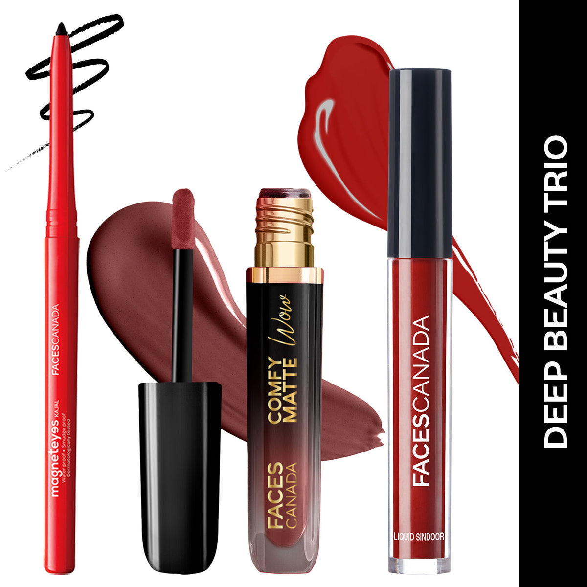 Faces Canada Deep Beauty Trio: Maroon Sindoor 2.5 ml + Cocoa Crush Comfy Matte Wow Lipstick 3.8 ml + Black Kajal 0.35 gm - Faces Canada