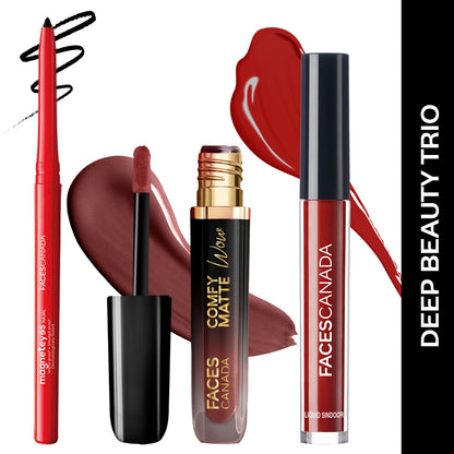 Faces Canada Deep Beauty Trio: Maroon Sindoor 2.5 ml + Cocoa Crush Comfy Matte Wow Lipstick 3.8 ml + Black Kajal 0.35 gm - Faces Canada