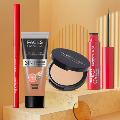 Faces Canada Essentials Kit for Deep Skin – All Day Hydra Matte Foundation Warm Sand + Weightless Stay Matte Compact Sand + Magnet Eyes Kajal +Magnet Eyes Eye Liner - Faces Canada