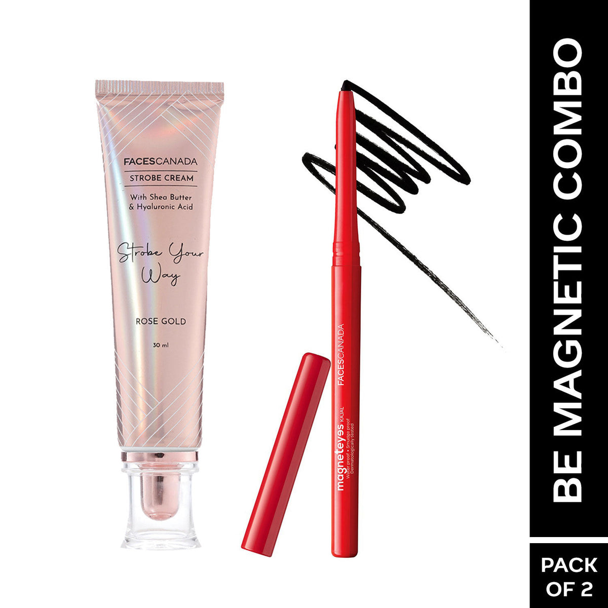 Faces Canada Face & Eyes Duo – Rose Gold Strobe Cream (30ml) & Black Magneteyes Kajal (0.35g) - Faces Canada