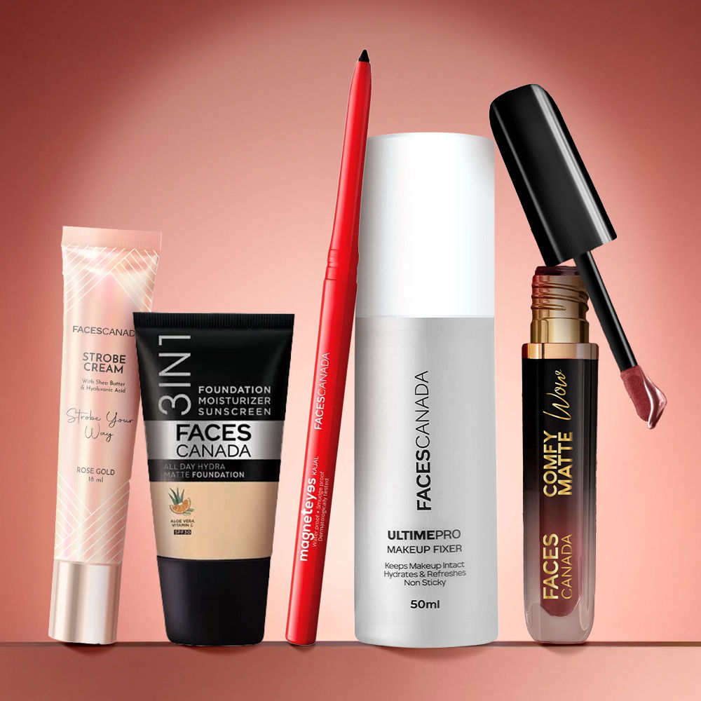 Faces Canada Fresh Glow Kit (Ultime Pro Makeup Fixer 50 ml + Strobe Cream Mini – Rose Gold (18 gm) + All Day Hydra Matte Foundation - Faces Canada