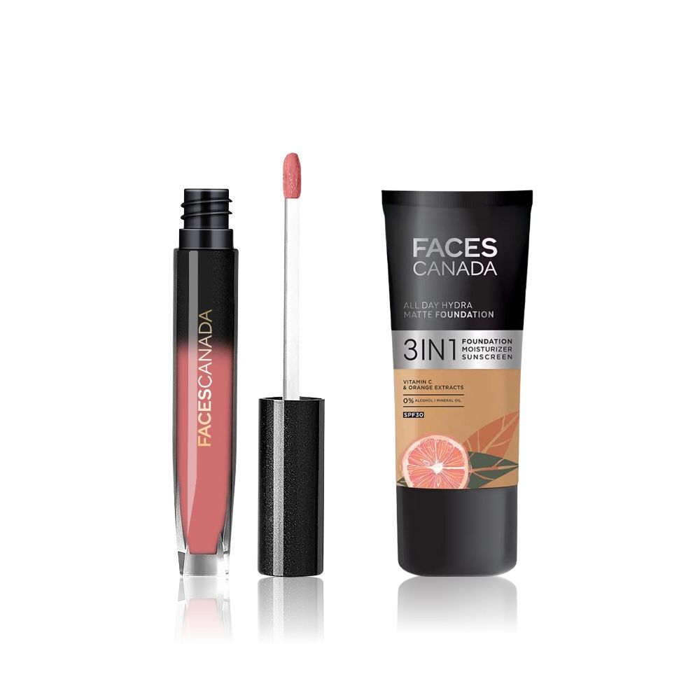 Faces Canada Glow & Go Combo (All Day Hydra Matte Foundation – Soft sand & Comfy Silk Liquid Lipstick - Faces Canada