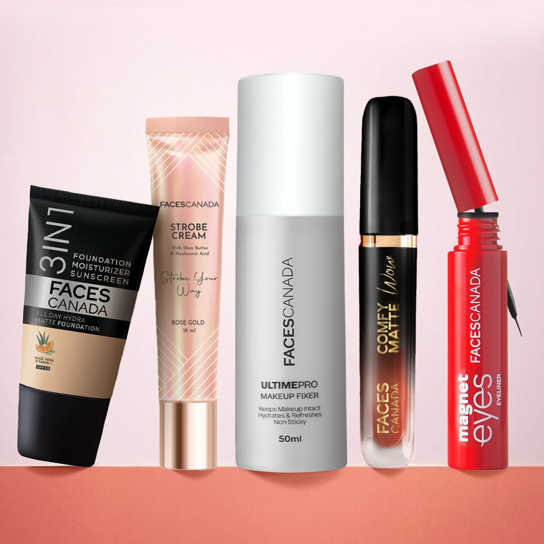 Faces Canada Glow On Point Kit (Ultime Pro Makeup Fixer 50 ml + Strobe Cream Mini – Rose Gold (18 gm) + All Day Hydra Matte Foundation - Faces Canada