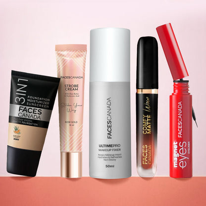Faces Canada Glow On Point Kit (Ultime Pro Makeup Fixer 50 ml + Strobe Cream Mini – Rose Gold (18 gm) + All Day Hydra Matte Foundation - Faces Canada