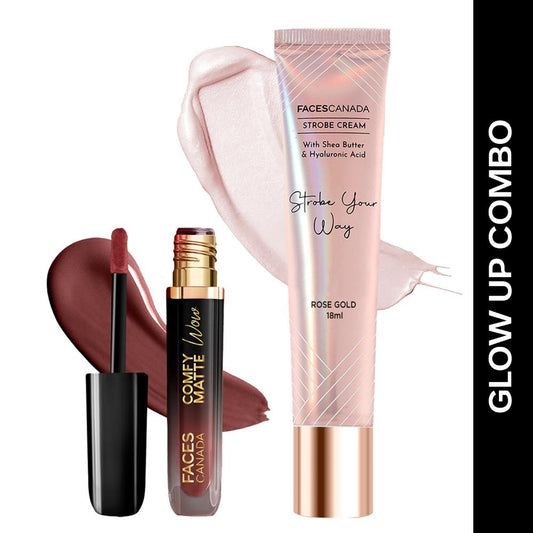 Faces Canada Glow Up Combo Strobe Cream – Rose Gold 18 ml + Comfy Matte Wow Liquid Lipstick - Faces Canada