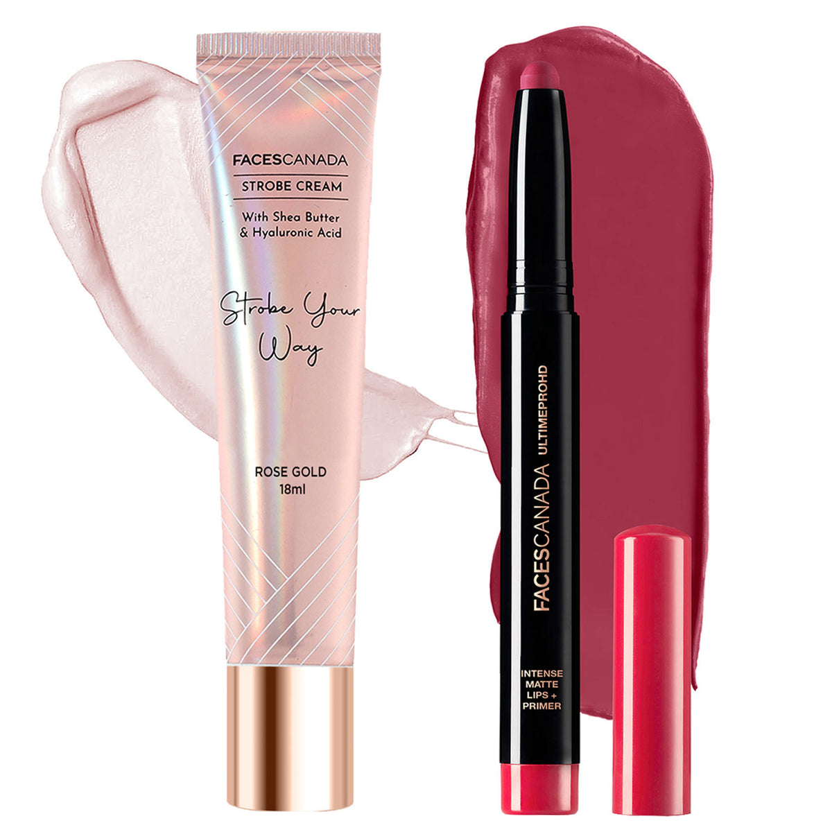 Faces Canada Lip & Face Bestsellers Combo 1 – Ultime Pro HD Intense Matte Lips + Primer 1.4 gm Bold Wine + Strobe Cream Mini 18 ml Rose Gold Combo of 2 - Faces Canada