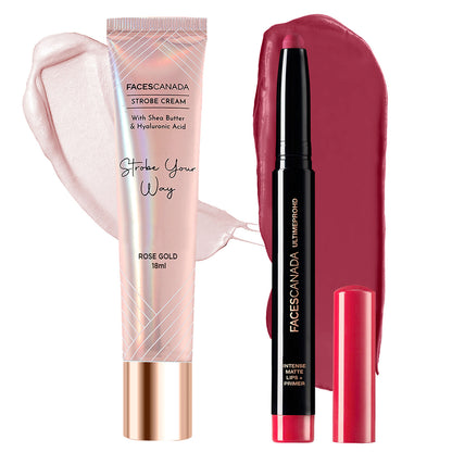 Faces Canada Lip & Face Bestsellers Combo 1 – Ultime Pro HD Intense Matte Lips + Primer 1.4 gm Bold Wine + Strobe Cream Mini 18 ml Rose Gold Combo of 2 - Faces Canada