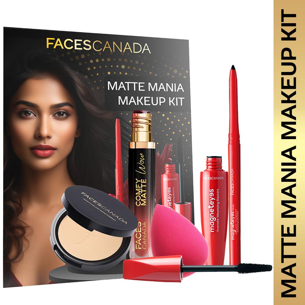 Faces Canada Matte Mania Makeup Kit – Kajal (0.35 gm) + Wow Lipstick (3.8 ml) + Compact (9 gm) + Mascara (9.5 ml) + Beauty Blender - Faces Canada