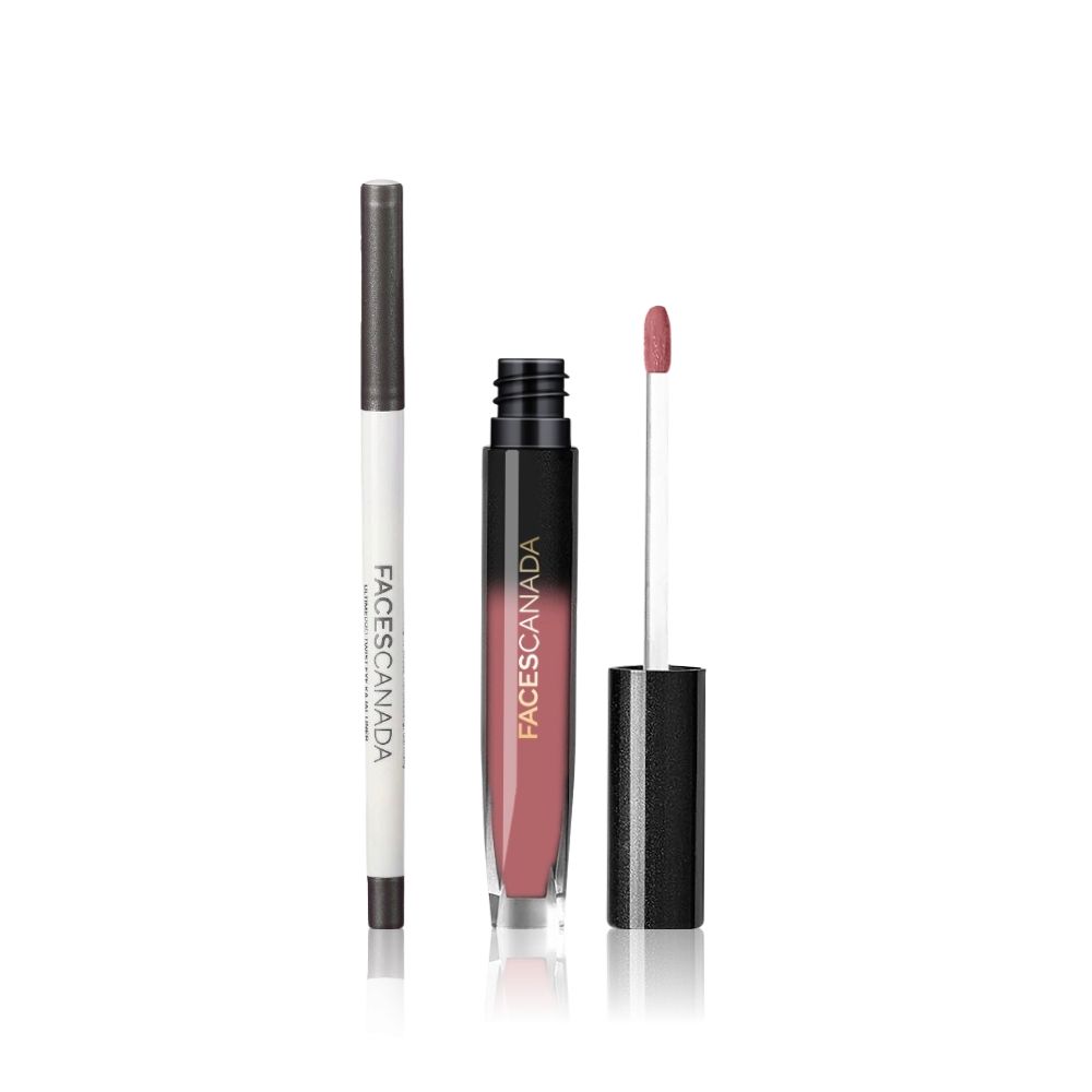 Faces Canada Midnight Glam Duo (Comfy Silk Liquid Lipstick – Ebony Rose & Ultime Pro Twist Eye Kajal Liner - Faces Canada