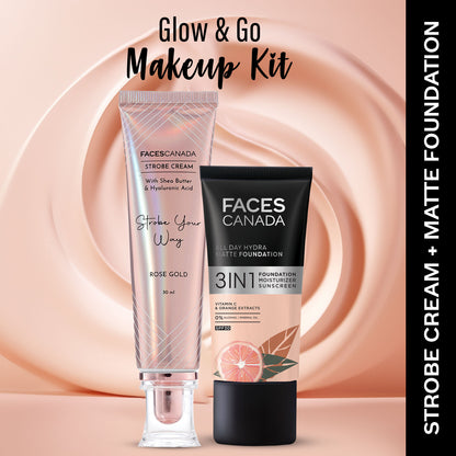 Faces Canada Rose Glow Kit – Rose Gold Strobe Cream (30 ml) + All Day Hydra Matte Foundation Rose Ivory (25 ml) - Faces Canada