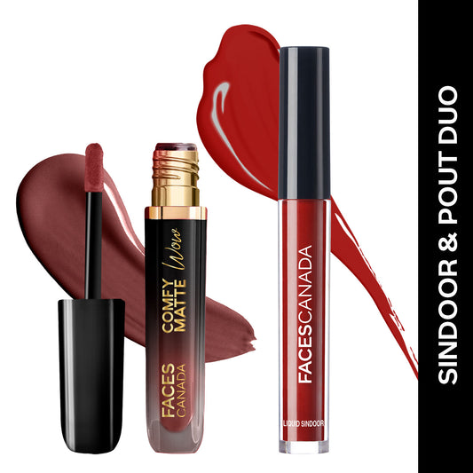 Faces Canada Sindoor & Pout Duo – Maroon Liquid Sindoor (2.5 ml) + Comfy Matte Wow Liquid Lipstick - Faces Canada