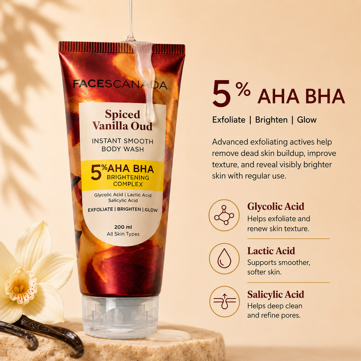 Faces Canada Spiced Vanilla Oud Body Wash for Women (200 ml) – Spiced Vanilla & Smoky Oud Scented Shower Gel - image 4