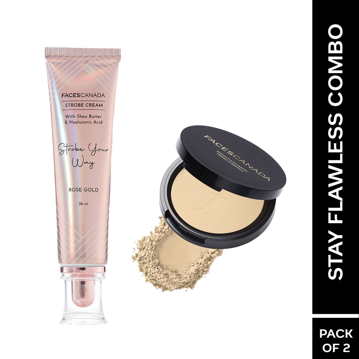 Faces Canada Stay Flawless Combo – Rose Gold Strobe Cream (30 ml) & Weightless Stay Matte Finish Compact Powder - Faces Canada