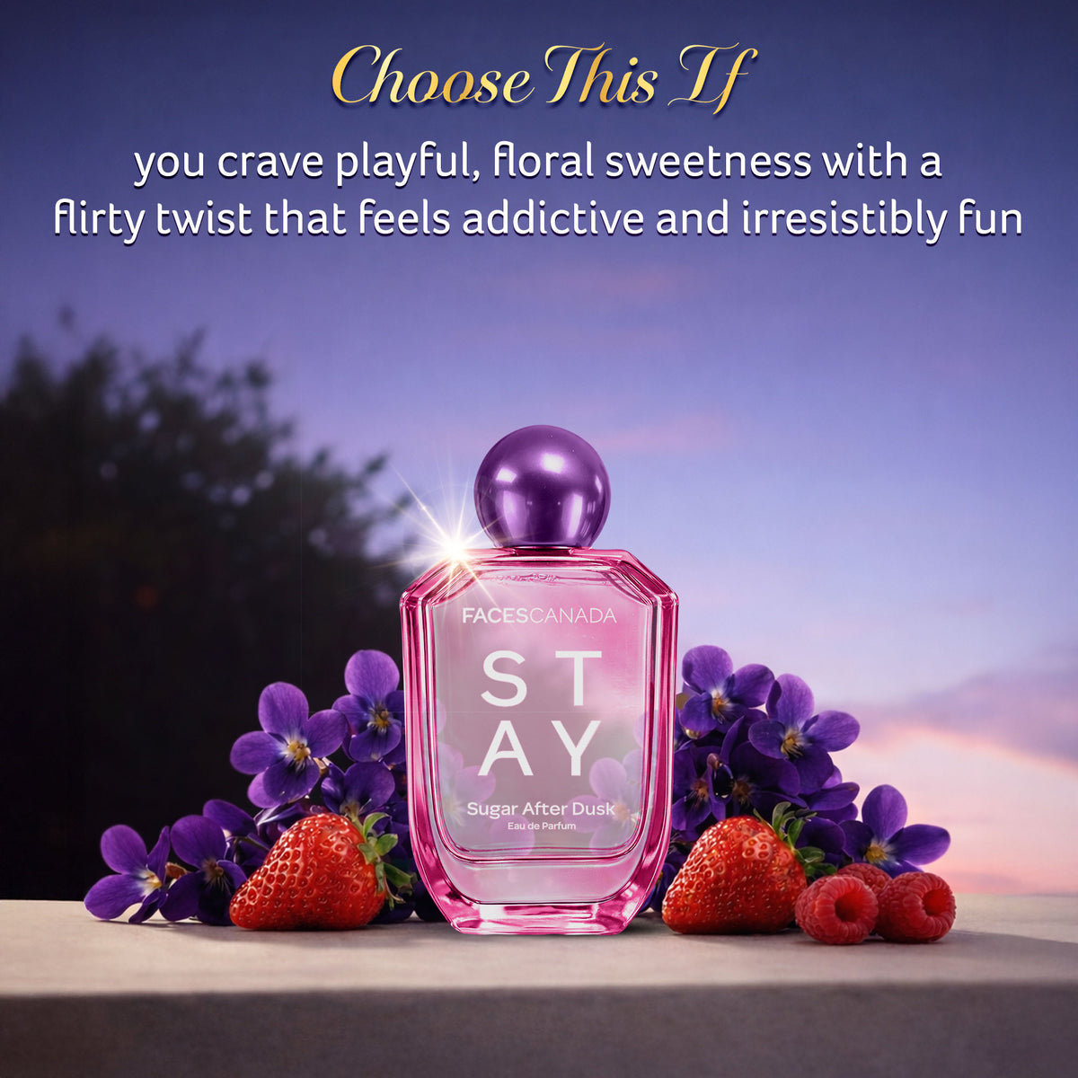 Faces Canada STAY Sugar After Dusk Eau de Parfum for Women, 50 ml – Long-Lasting Sweet Berry Floral Perfume with Raspberry, Strawberry, Violet & Praline - image 4