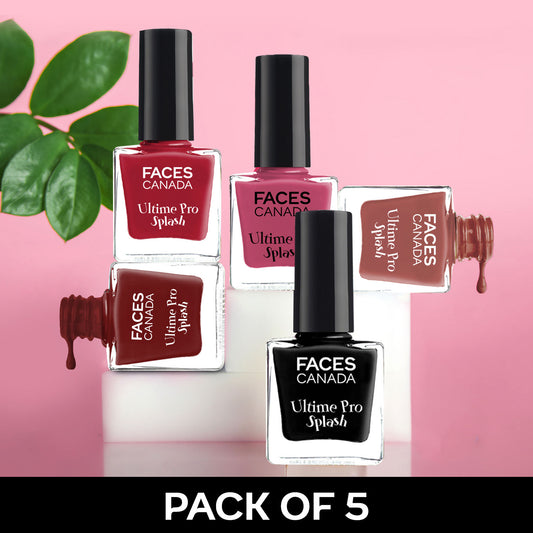 Faces Canada Ultime Pro Splash Mini Nail Polish Combo Pack of 5 – Black Beauty + Plum + Royal Ruby + Pink Punch + Scarlet - Faces Canada