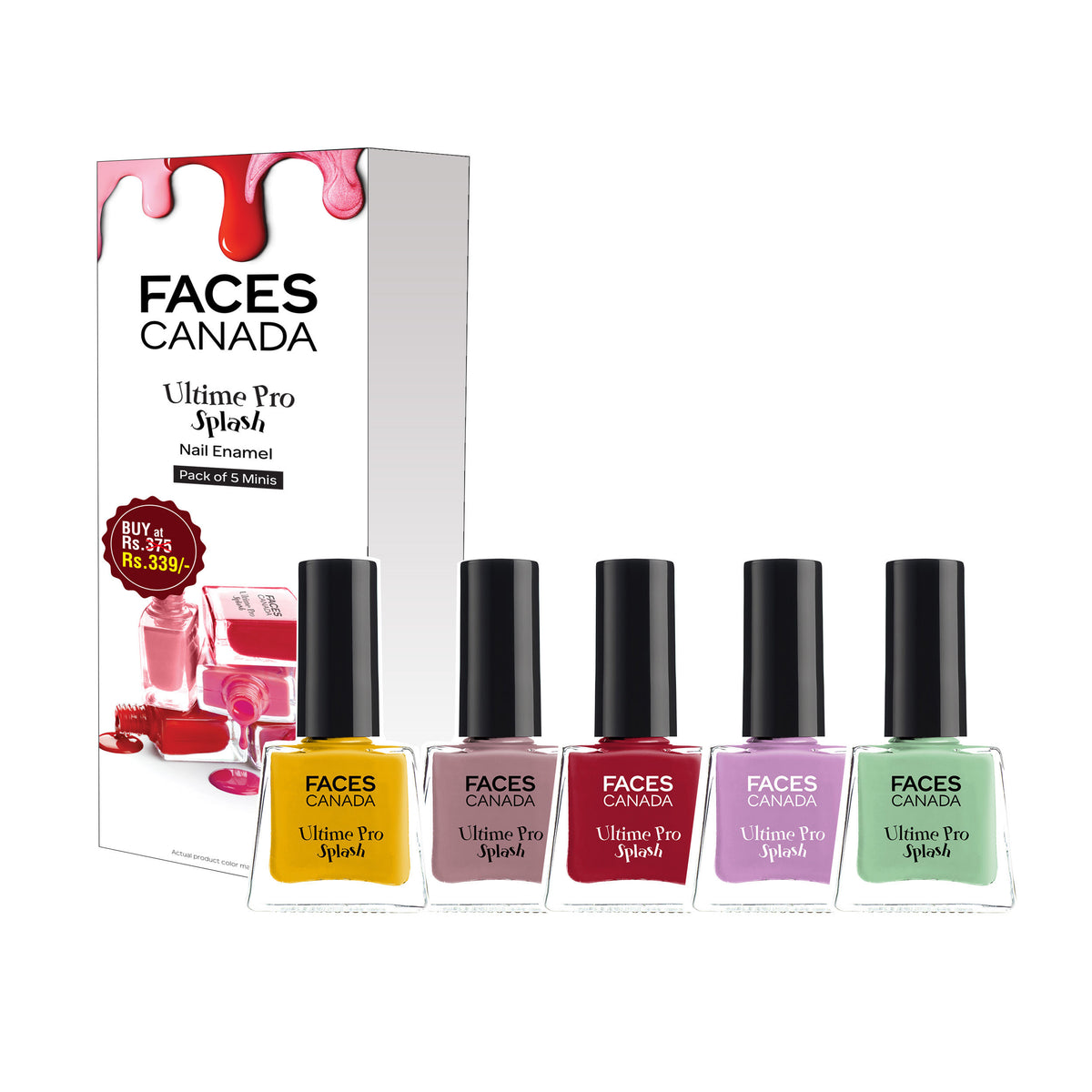 Faces Canada Ultime Pro Splash Mini Nail Enamel Value Pack of 5 – Floral Dream + Royal Ruby + Linty + Viola + Sunny Side Up - Faces Canada