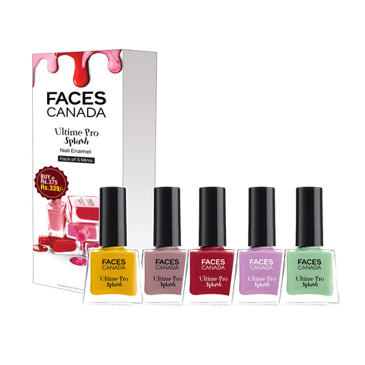 Faces Canada Ultime Pro Splash Mini Nail Enamel Value Pack of 5 – Floral Dream + Royal Ruby + Linty + Viola + Sunny Side Up - Faces Canada