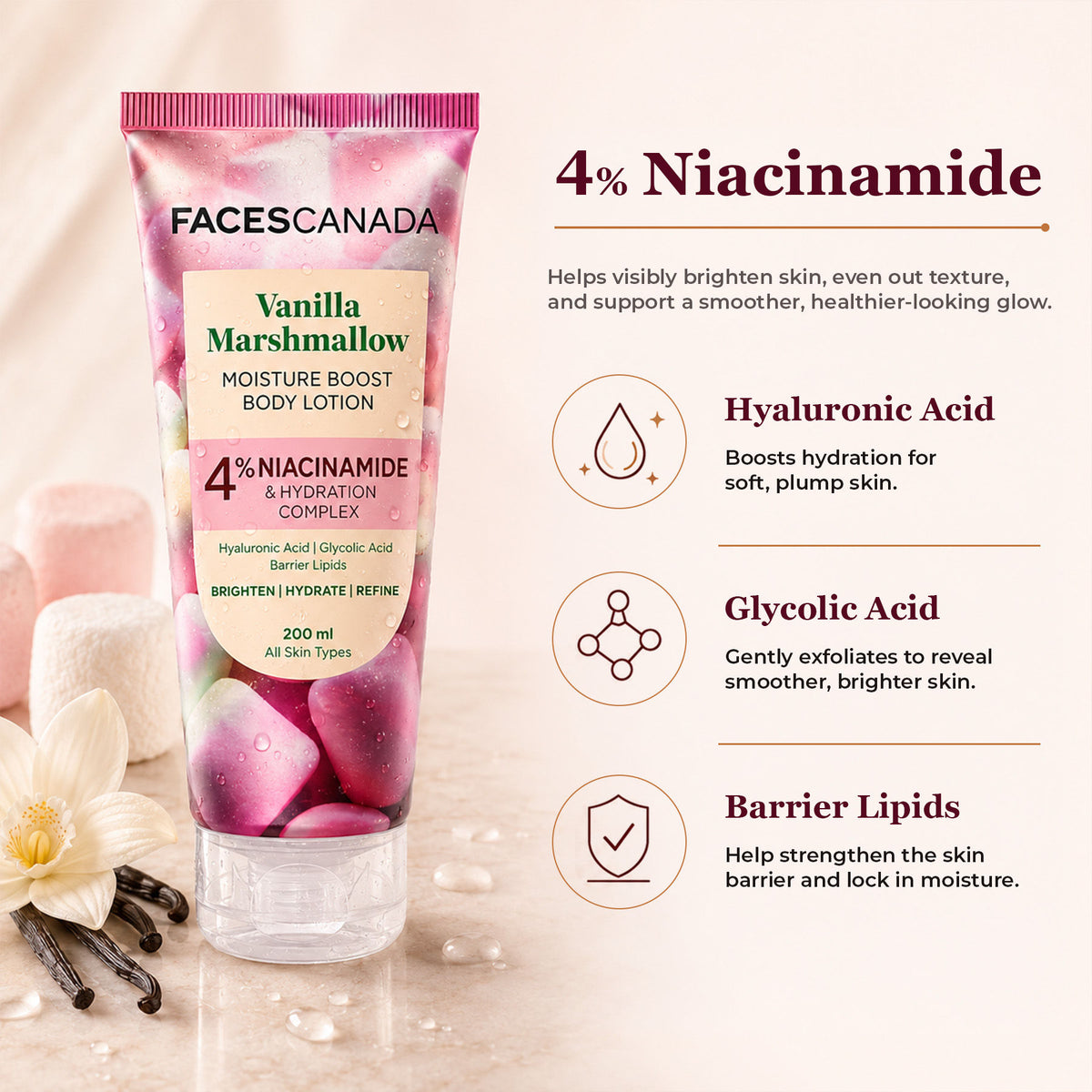Faces Canada Vanilla Marshmallow Moisture Boost Body Lotion for Women (200 ml) – Sweet Vanilla Fragrance - image 3