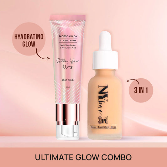 Faces Canada x NY Bae Ultimate Glow Combo (Faces Canada Strobe Cream Rose-gold(30 gm) +NY Bae 3 in 1 Serum Foundation with Primer Warm Milk 09 (30 ml) - Faces Canada