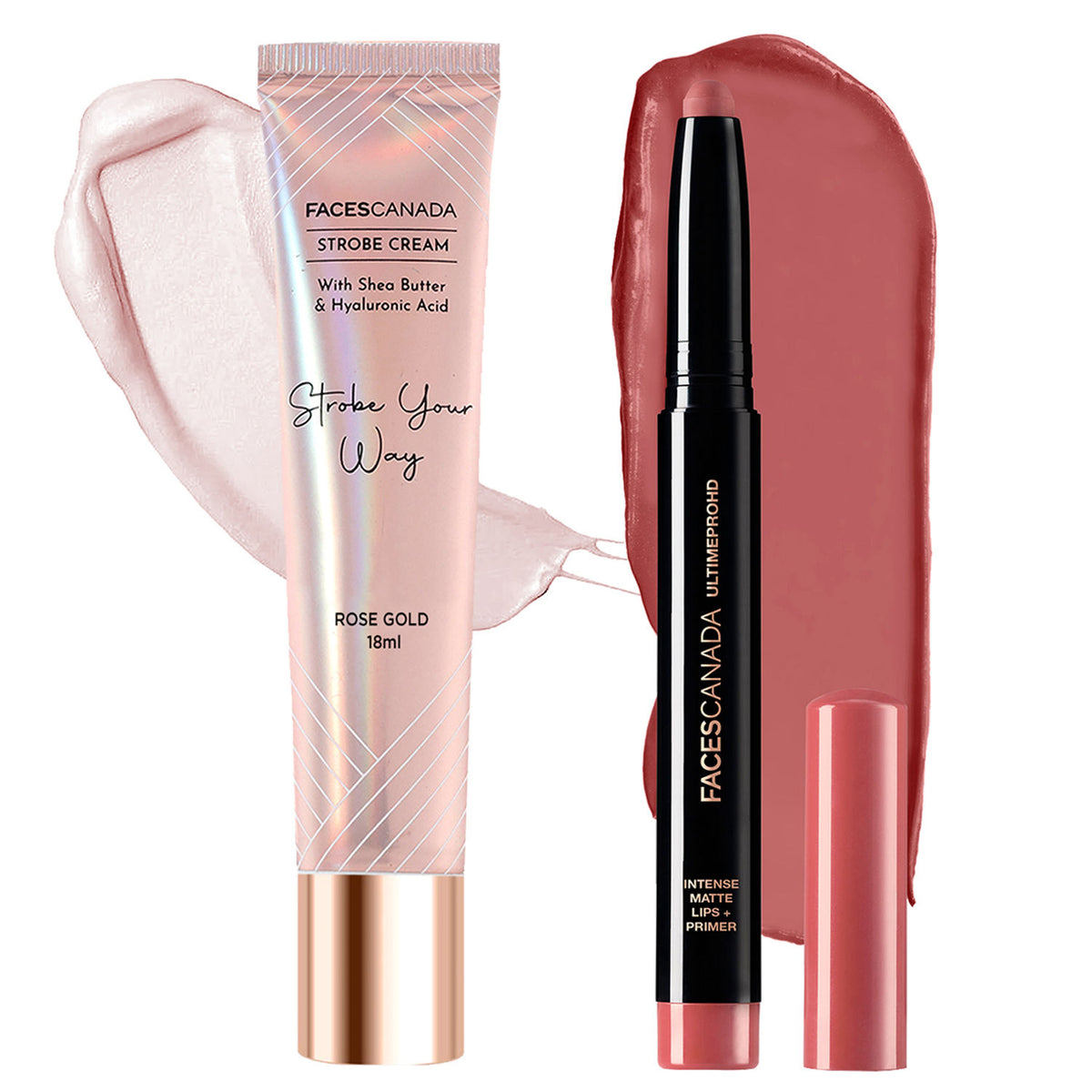 FACESCANADA Lip & Face Bestsellers Combo 2 – Ultime Pro HD Intense Matte Lips + Primer 1.4 gm Tea Rose + Strobe Cream Mini 18 ml Rose Gold Combo of 2 - Faces Canada