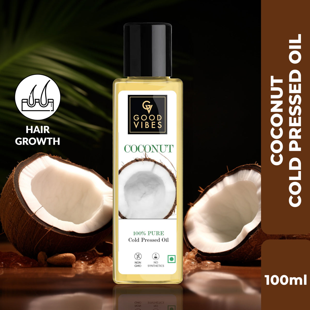 Good Vibes Coconut 100% Pure Cold Pressed Carrier Oil For Hair & Skin | Hair Growth, Anti-Ageing | No Parabens, No Animal Testing (100 ml) - Good Vibes