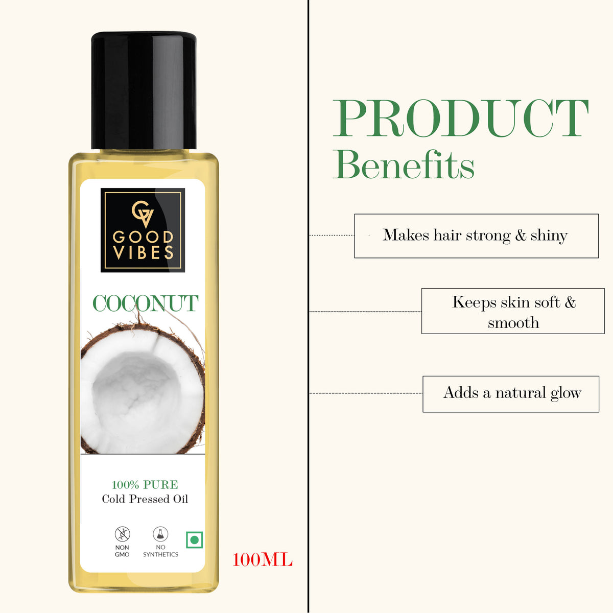 Good Vibes Coconut 100% Pure Cold Pressed Carrier Oil For Hair & Skin | Hair Growth, Anti-Ageing | No Parabens, No Animal Testing (100 ml) - Good Vibes image 5