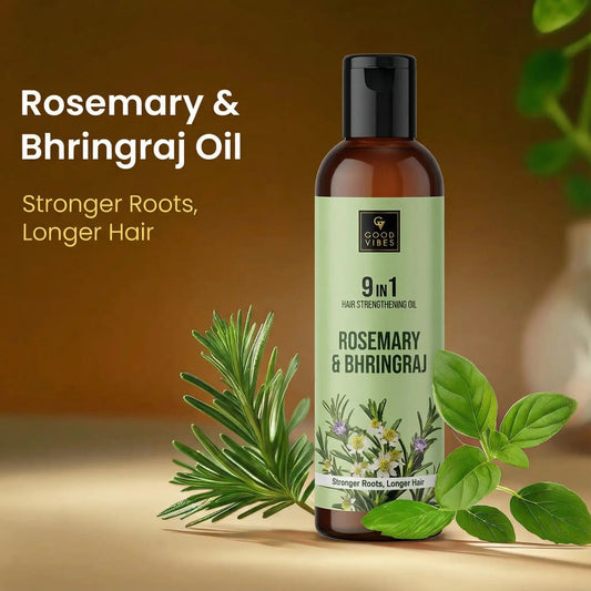 Good Vibes Rosemary & Bhringraj 9 in 1 Hair Oil | Stronger Roots & Longer Hair | With Rosemary, Bhringraj, Amla, Neem, Curry Leaf, Jojoba, Brahmi, Cedarwood & Sage Oils | Anti Hair Fall Oil | Stimulates Hair Growth 200 ml - Good Vibes