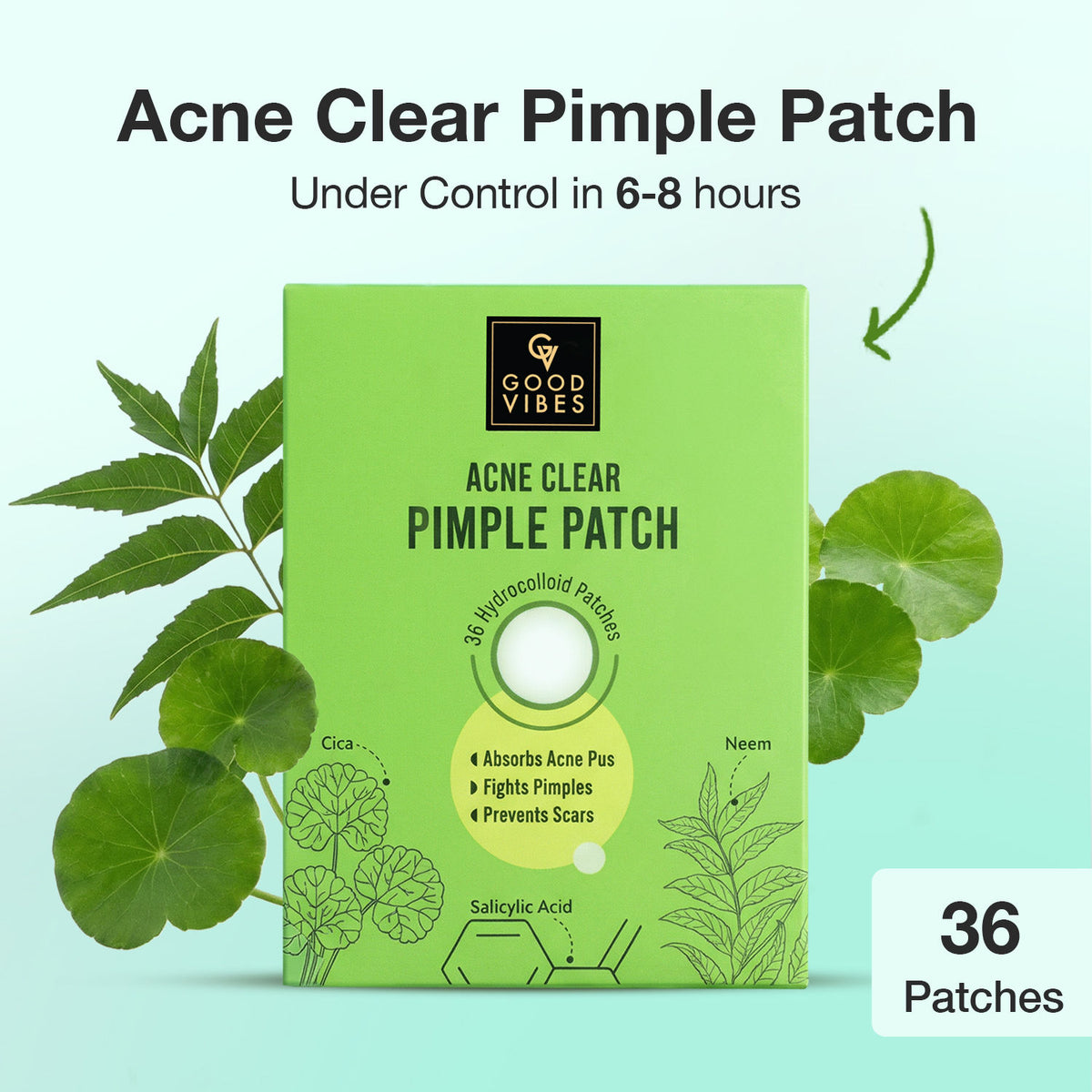 Good Vibes Acne Clear Pimple Patch | Hydrocolloid Patches for Acne & Pimples | Cica, Neem & Salicylic Acid | Absorbs Pus & Oil | Reduces Redness, Shrinks Pimples Fast | Overnight Spot Treatment for Face 36 Patches - Good Vibes