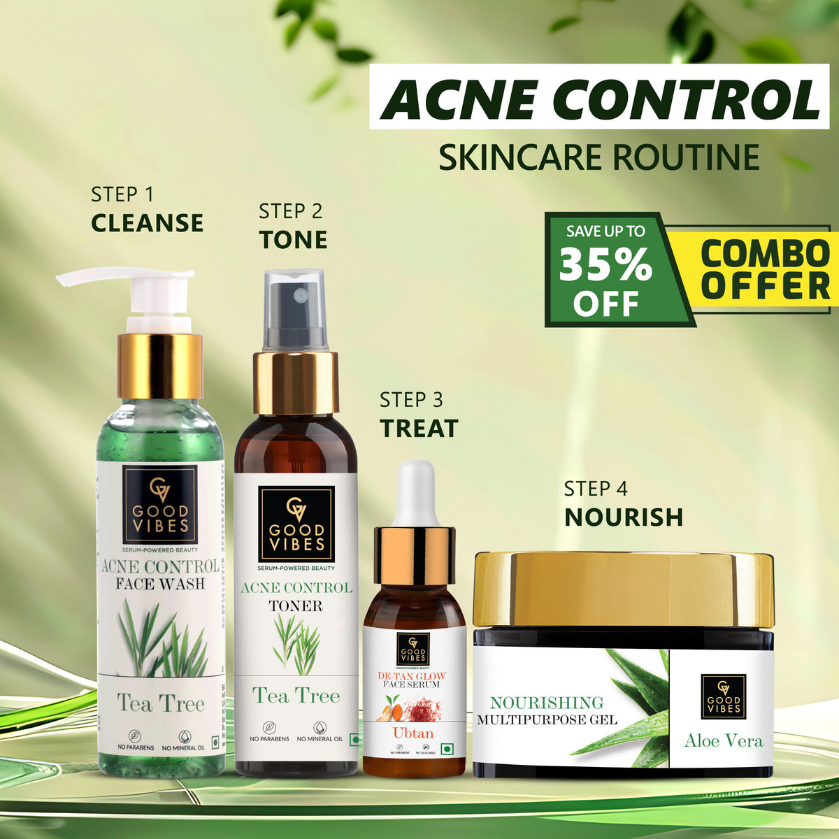 Good Vibes Acne Control Skincare Regime | Face Wash, Toner, Serum, Face Gel - Combo of 4 - Good Vibes