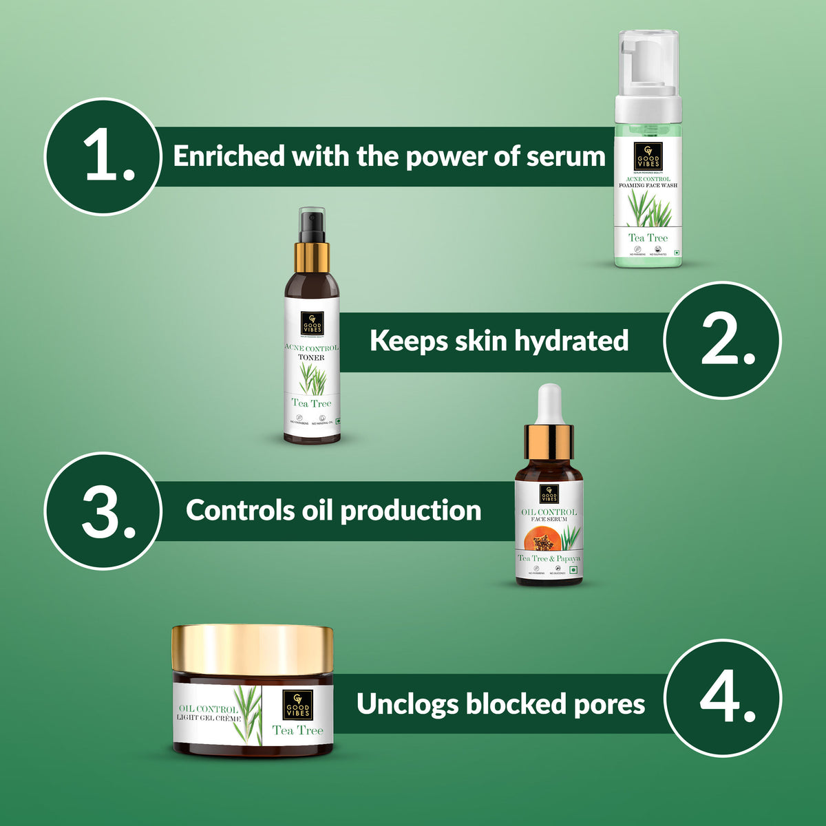 Good Vibes Acne Control Tea Tree Combo (Foaming Facewash, Toner, Serum, Gel creme) Combo of 4 - Good Vibes image 4