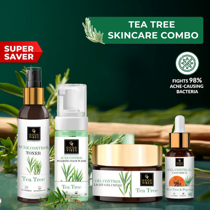 Good Vibes Acne Control Tea Tree Combo (Foaming Facewash, Toner, Serum, Gel creme) Combo of 4 - Good Vibes