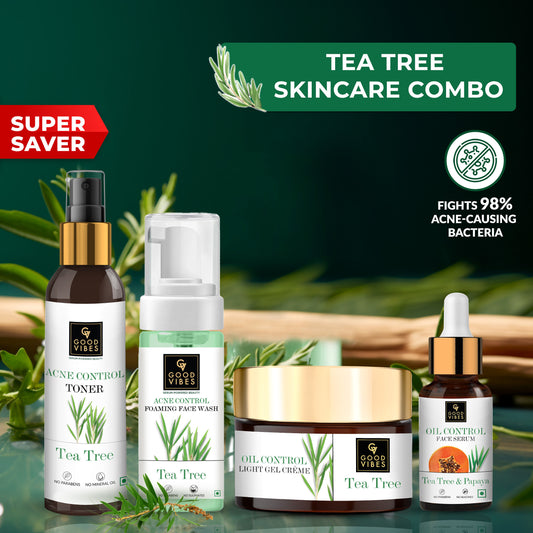 Good Vibes Acne Control Tea Tree Combo (Foaming Facewash, Toner, Serum, Gel creme) Combo of 4 - Good Vibes