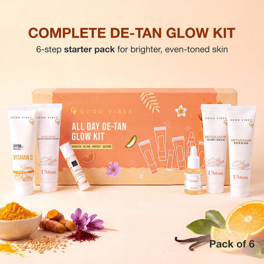Good Vibes All Day De-Tan Glow Kit | Ubtan for Instant Glow & De-Tan Care kit | for Bright, Even & Tan-Free Skin | SPF 50 Sun Protection | Complete Daily Ubtan Ritual| All Skin Types Pack of 6 - Good Vibes