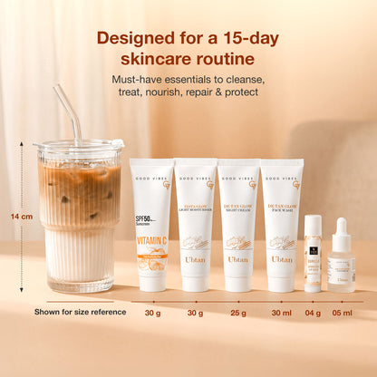 Good Vibes All Day De-Tan Glow Kit | Ubtan for Instant Glow & De-Tan Care kit | for Bright, Even & Tan-Free Skin | SPF 50 Sun Protection | Complete Daily Ubtan Ritual| All Skin Types Pack of 6 - Good Vibes image 2