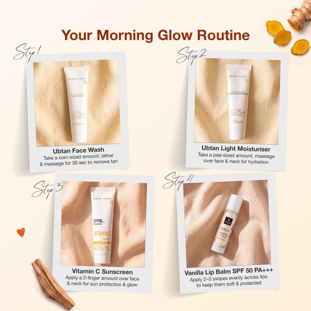 Good Vibes All Day De-Tan Glow Kit | Ubtan for Instant Glow & De-Tan Care kit | for Bright, Even & Tan-Free Skin | SPF 50 Sun Protection | Complete Daily Ubtan Ritual| All Skin Types Pack of 6 - Good Vibes image 3