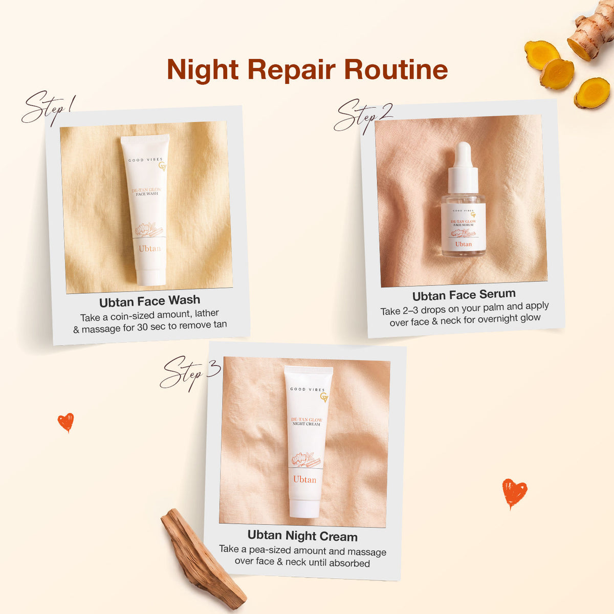 Good Vibes All Day De-Tan Glow Kit | Ubtan for Instant Glow & De-Tan Care kit | for Bright, Even & Tan-Free Skin | SPF 50 Sun Protection | Complete Daily Ubtan Ritual| All Skin Types Pack of 6 - Good Vibes image 4
