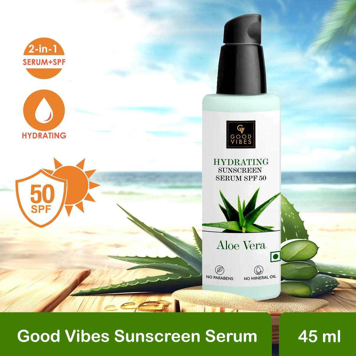 Good Vibes Aloe Vera Hydrating Sunscreen Serum SPF50 (45 ml) - Good Vibes