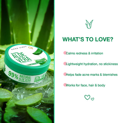 Good Vibes 99% Natural Aloe Vera Multipurpose Gel with Cucumber, Neem & Tulsi |Hydrating & Nourishing| Soothing & Refreshing | Fades Acne Marks & Blemishes | For Face, Hair & Body | Cooling & Non-Sticky Formula – 200 gm - Good Vibes image 2
